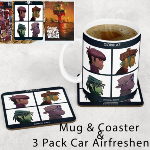 Gorillaz Inspired Mug & Coaster Set with 3 Pack Car Air Fresheners