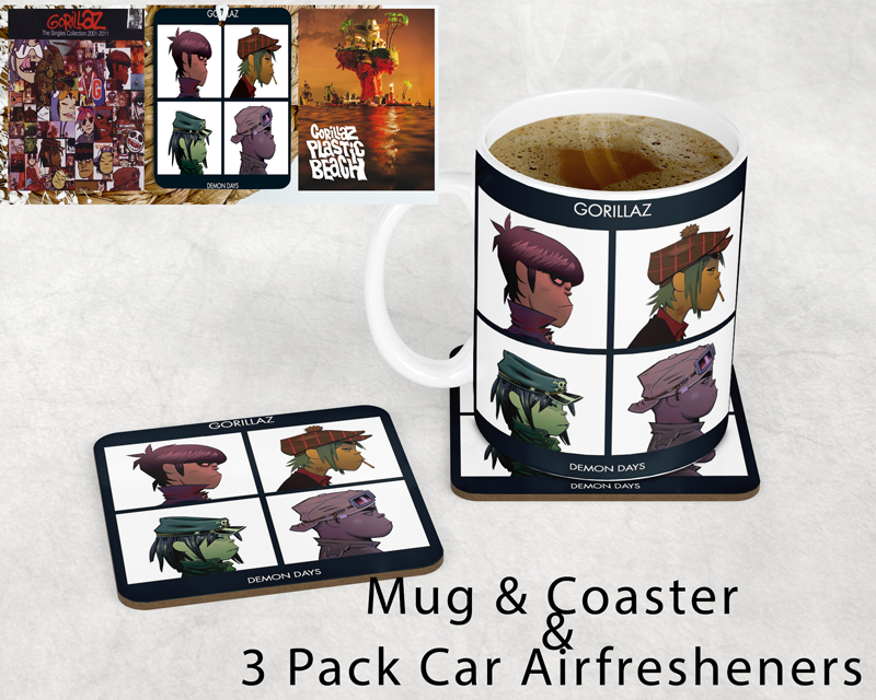 Gorillaz Inspired Mug & Coaster Set with 3 Pack Car Air Fresheners