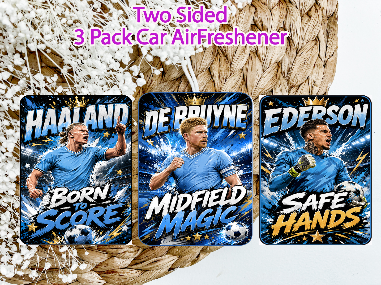 Comic Style Man City Inspired 3 Pack Car Air Freshener Set – Two Sided
