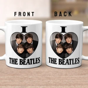 White 11oz ceramic mug featuring fixed I Love The Beatles design with black and white band photo inside a heart outline