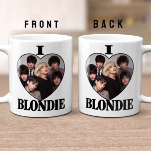 I Love BLONDIE 11oz ceramic mug featuring a high-contrast design with the band members in a heart frame