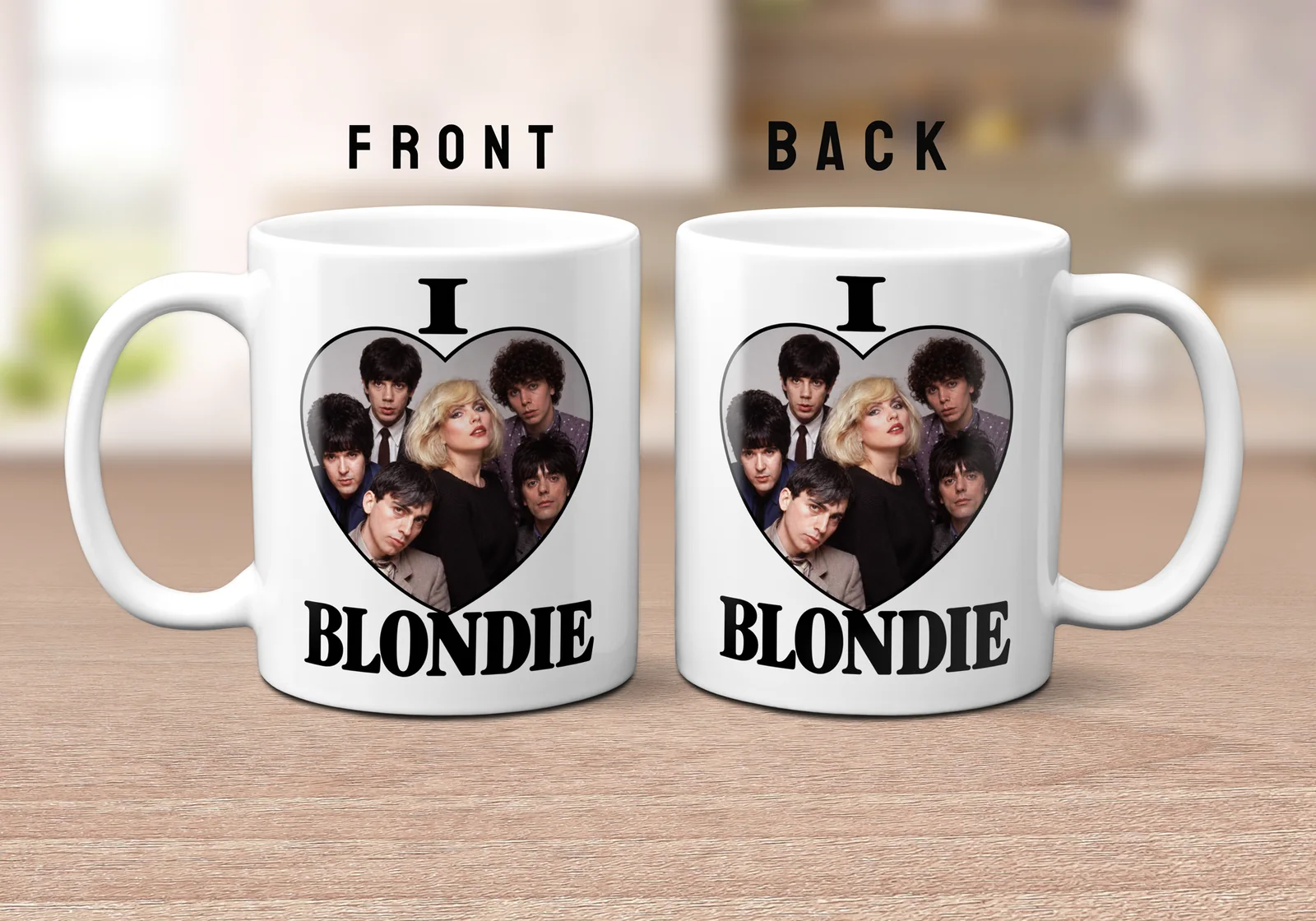 I Love BLONDIE 11oz ceramic mug featuring a high-contrast design with the band members in a heart frame