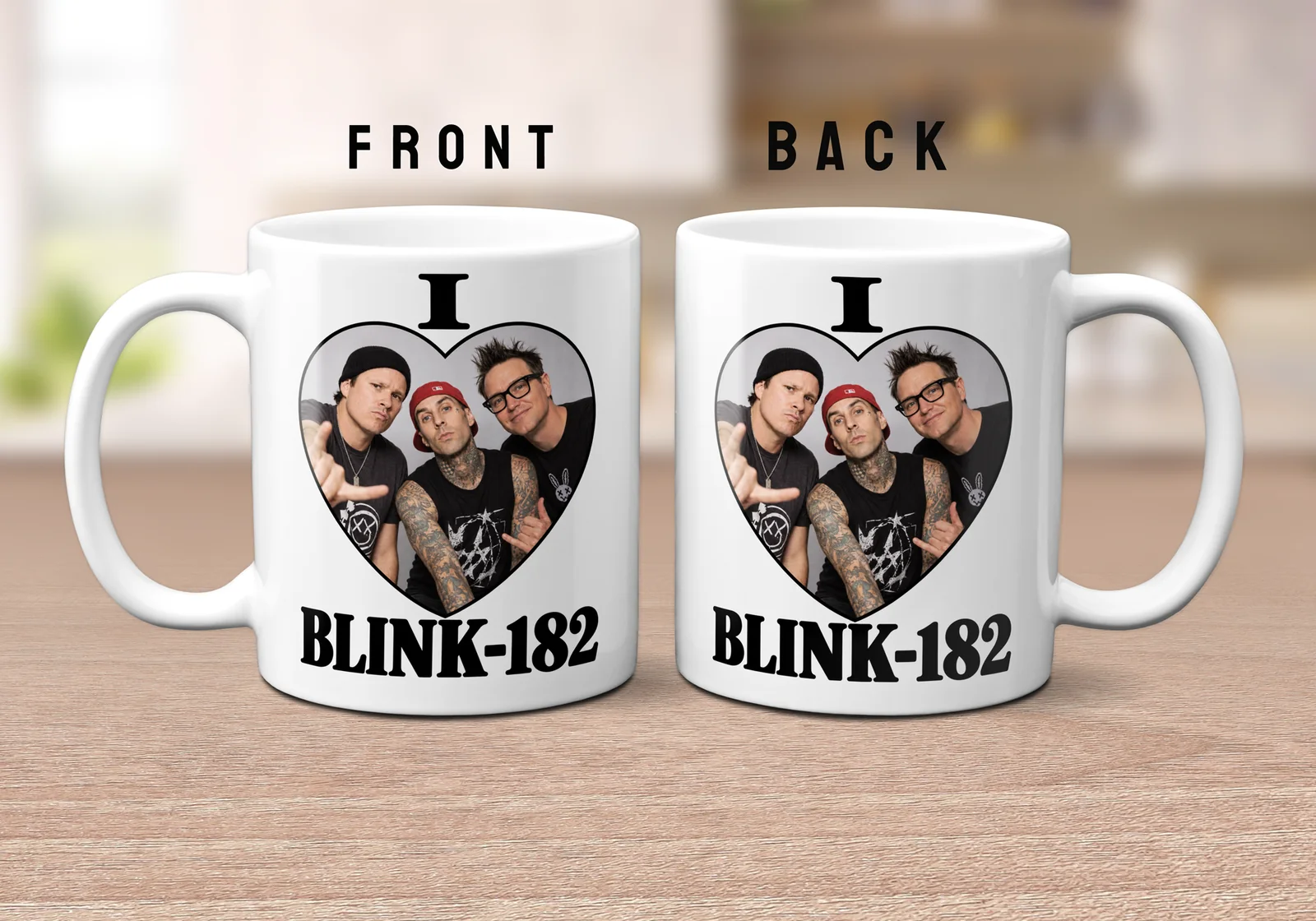 I Love BLINK-182 ceramic mug featuring a black and white design with a heart containing a photo of the band members