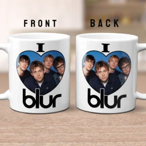 Ceramic mug with minimalist black print reading I Love blur and featuring a group image of the band members.