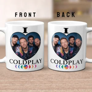 11oz ceramic mug with I Love COLDPLAY design featuring bold typography, a heart frame with colour photography, and a rainbow moon graphic.