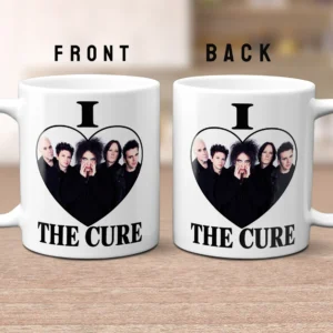 White ceramic mug with black print reading I Love THE CURE featuring a heart outline containing a photo of the band members.