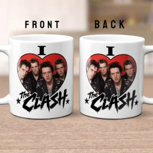 I Love The CLASH ceramic mug featuring a bold red heart and black typography design on a white background