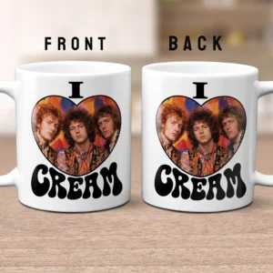 White ceramic mug featuring a design with three men's faces inside a heart shape, with the text 'I' above and 'CREAM' below in bold black letters.