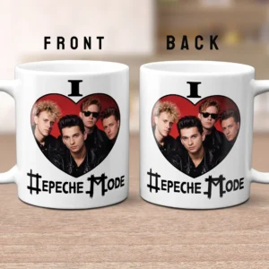 White ceramic mug with red heart design featuring Depeche Mode band photo and text