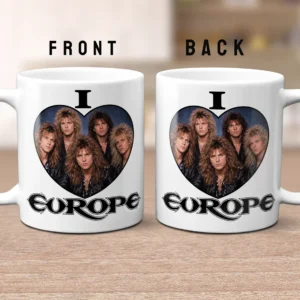 Ceramic mug featuring a fixed design with the text I Love EUROPE in a classic rock style font