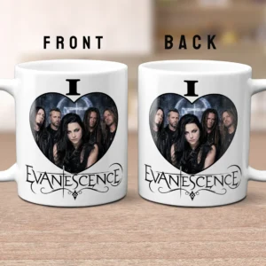 I Love EVANESCENCE design on an 11oz ceramic mug featuring black and white photography and ornate typography