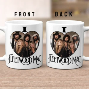Ceramic mug featuring an I Love Fleetwood Mac design with vintage photo style artwork inside a heart frame and bold black typography on a white background.
