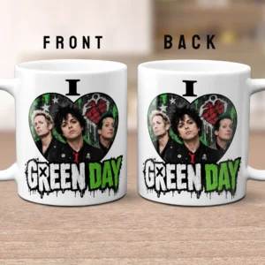 I Love GREEN DAY mug featuring graffiti-inspired design with stars and skulls, perfect gift for band fans.