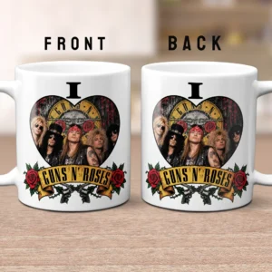 11oz ceramic mug with I Love GUNS N' ROSES vintage rock design featuring distressed textures, bold typography, and iconic band imagery including tattoo-style roses and guns.