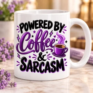 An 11oz ceramic mug featuring a fixed design with a purple coffee cup, stars and lightning bolts, and the text 'Powered by Coffee & Sarcasm' in glossy purple and black lettering on a black background.