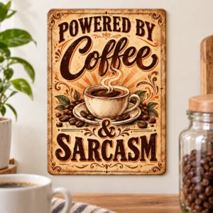 Vintage style rectangular metal sign with distressed beige background featuring a steaming coffee cup, scattered beans and the text POWERED BY Coffee & SARCASM