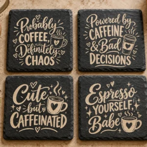Four square slate coasters with engraved-style text reading 'Probably COFFEE, Definitely CHAOS', 'Powered by CAFFEINE & Bad DECISIONS', 'Cute but CAFFEINATED' and 'Espresso YOURSELF, Babe'. The design features coffee beans, a mug and a plant on a dark background.