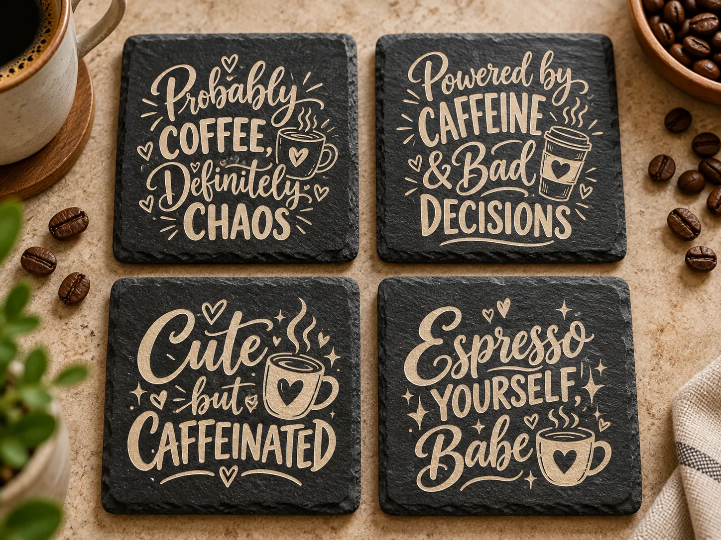 Four square slate coasters with engraved-style text reading 'Probably COFFEE, Definitely CHAOS', 'Powered by CAFFEINE & Bad DECISIONS', 'Cute but CAFFEINATED' and 'Espresso YOURSELF, Babe'. The design features coffee beans, a mug and a plant on a dark background.