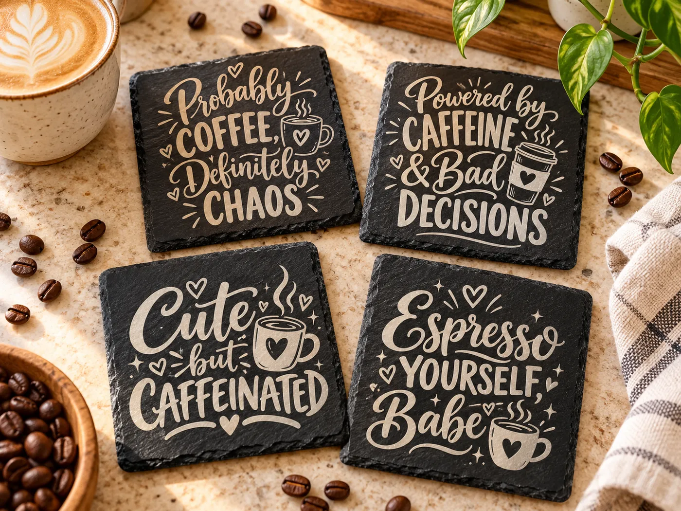 Four square slate coasters with engraved-style text reading 'Probably COFFEE, Definitely CHAOS', 'Powered by CAFFEINE & Bad DECISIONS', 'Cute but CAFFEINATED' and 'Espresso YOURSELF, Babe'. The design features coffee beans, a mug and a plant on a dark background. - product image 2