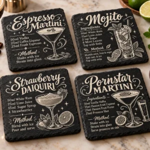 Four square black slate coasters arranged on a marble surface, each engraved with white text and illustrations of cocktail recipes: Espresso Martini, Mojito, Strawberry Daiquiri, and Pornstar Martini.